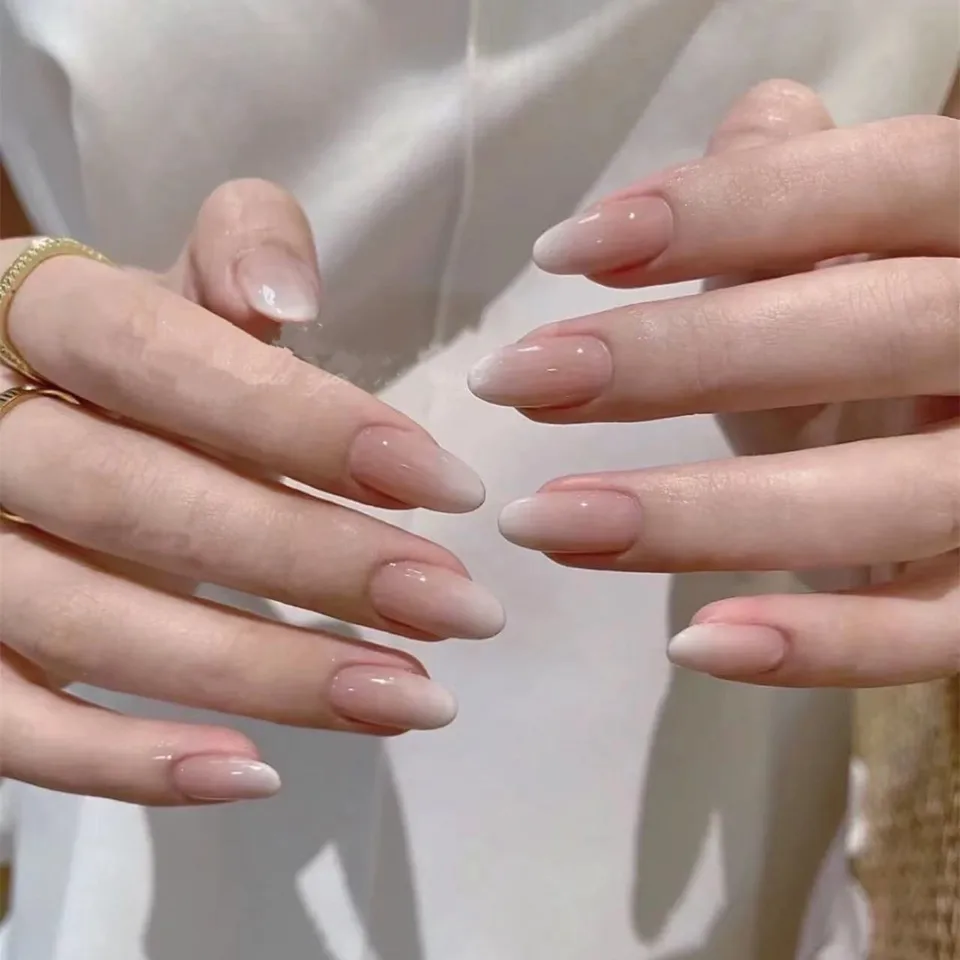 24 piezas uñas postizas stiletto largas nude beige y blanco lechoso, brillantes, con pegamento, listas para usar 5