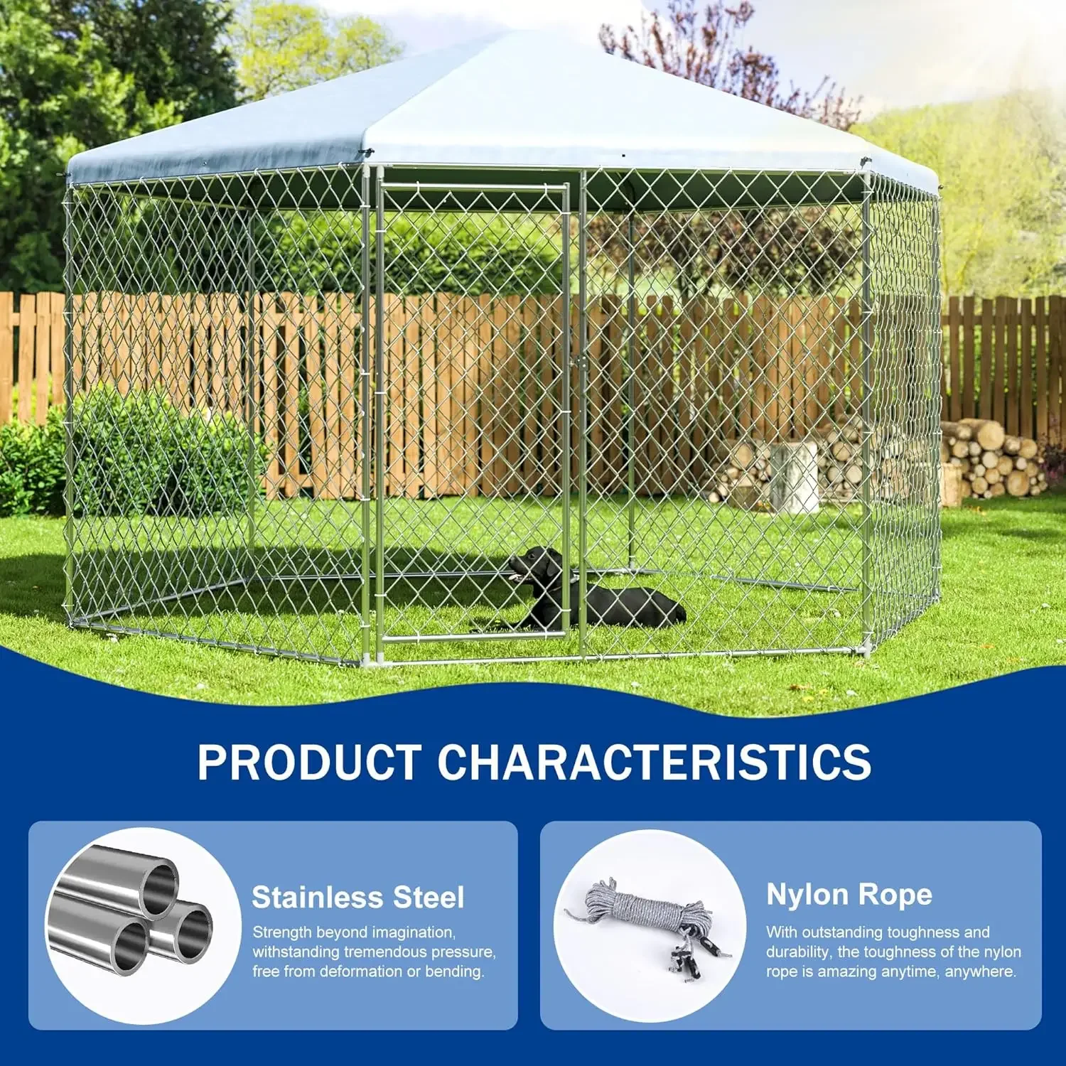 Polar Aurora Outdoor Dog Kennel with Roof,Large Dog Kennel Outside with Metal Gate,Heavy Duty Chain Link Dog Kennel