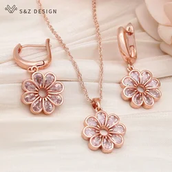 S&Z DESIGN New Fashion Cubic Zirconia Flower Dangle Earrings Jewelry Sets For Women 585 Rose Gold Color Pendant Necklace