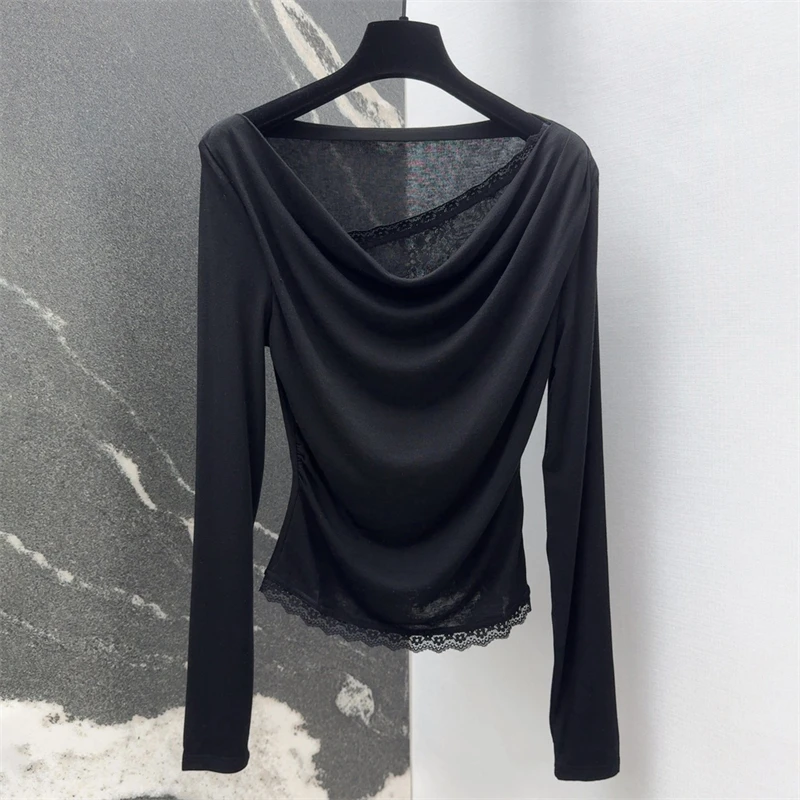 

Women's t-shirt New lace patchwork long sleeved top for autumn 2025 Wool blend pullover Asymmetric slim fit corset y2k Women top