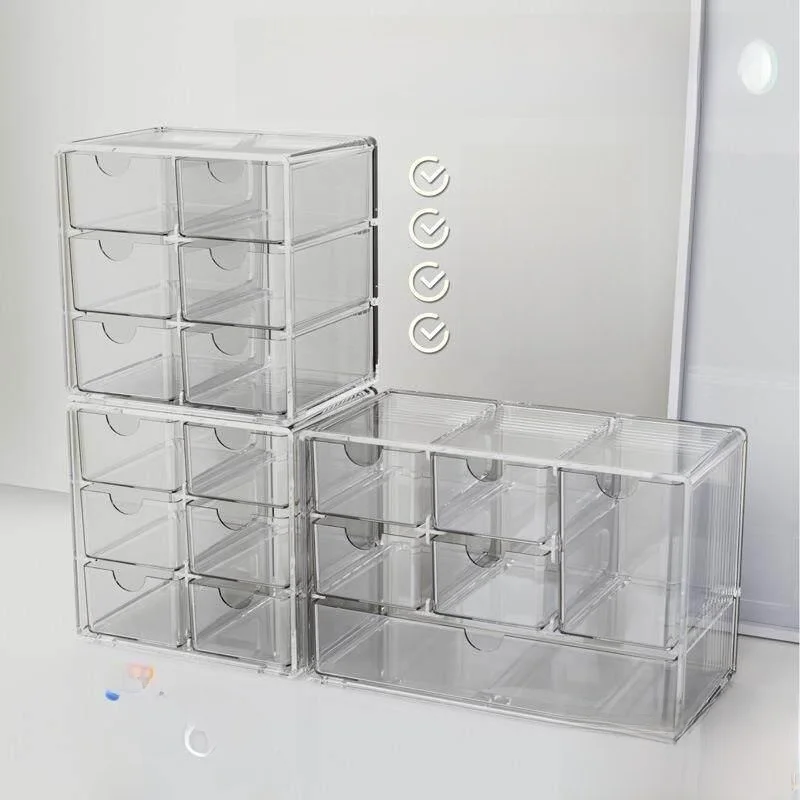 透明プラスチック製引き出し式収納ボックス-化粧品オーガナイザー-仕切り付き収納容器-デスクトップクリア小型収納ボックス
