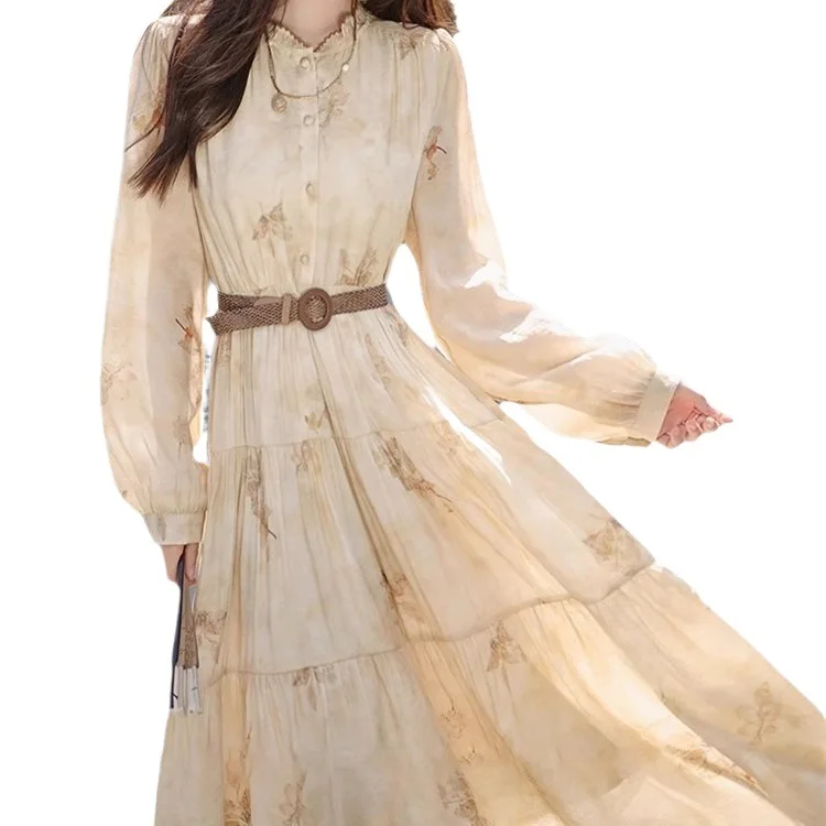 Francês elegante gola babados impresso manga longa chiffon em camadas vestido de linha a para mulher drapey flowy versátil vestido de deslocamento