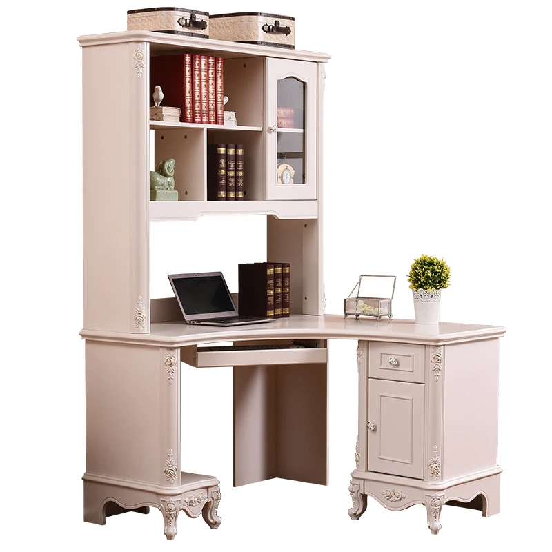 White Antique French Provincial Computer Desk Bookcase Combination with Study Table