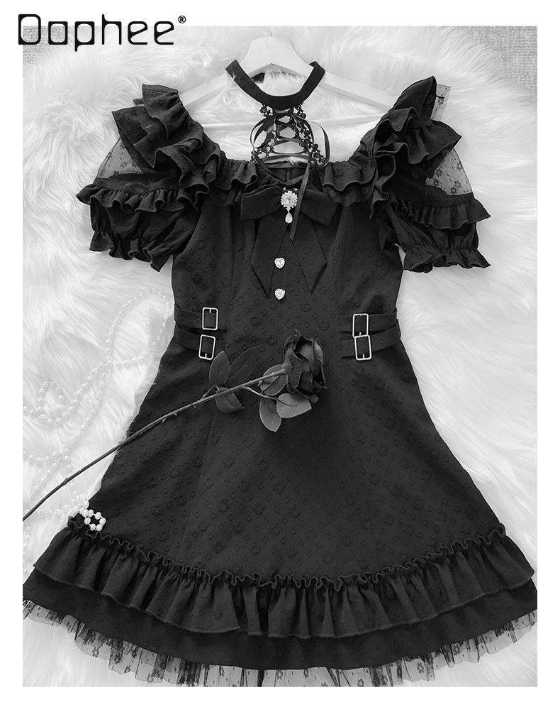 

Black Dress Women Summer Dress Original Design Subculture Japanese Short-sleeved Lace Bow Jacquard Mini Dress 2025 New