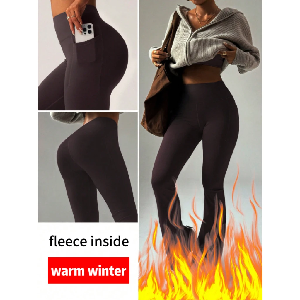 Ausgestellte Leggings für Damen, dickes Fleece, für Fitnessstudio, Fitness, Workout-Hose, Yoga-Hose, hohe Taille, warme Sport-Trainingsstrumpfhose mit Taschen