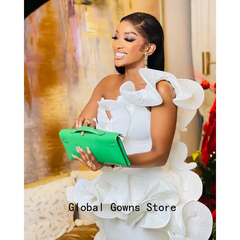Black Women Ruched Formal Gown Chic African White Ruffle Prom Dresses 2024 Designer One Shoulder Tea Length Cocktail Party Dress
