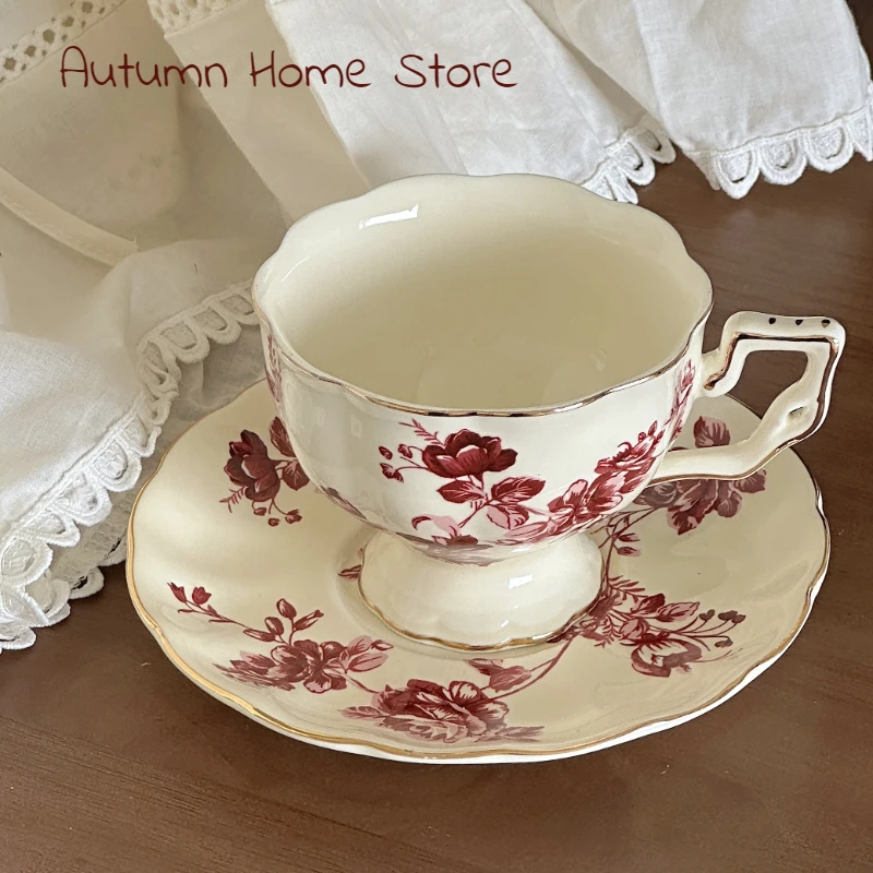 

French Red Flower Bone Porcelain Coffee Cup with High Grade Retro Flower British Afternoon Tea Cup Plate Gift