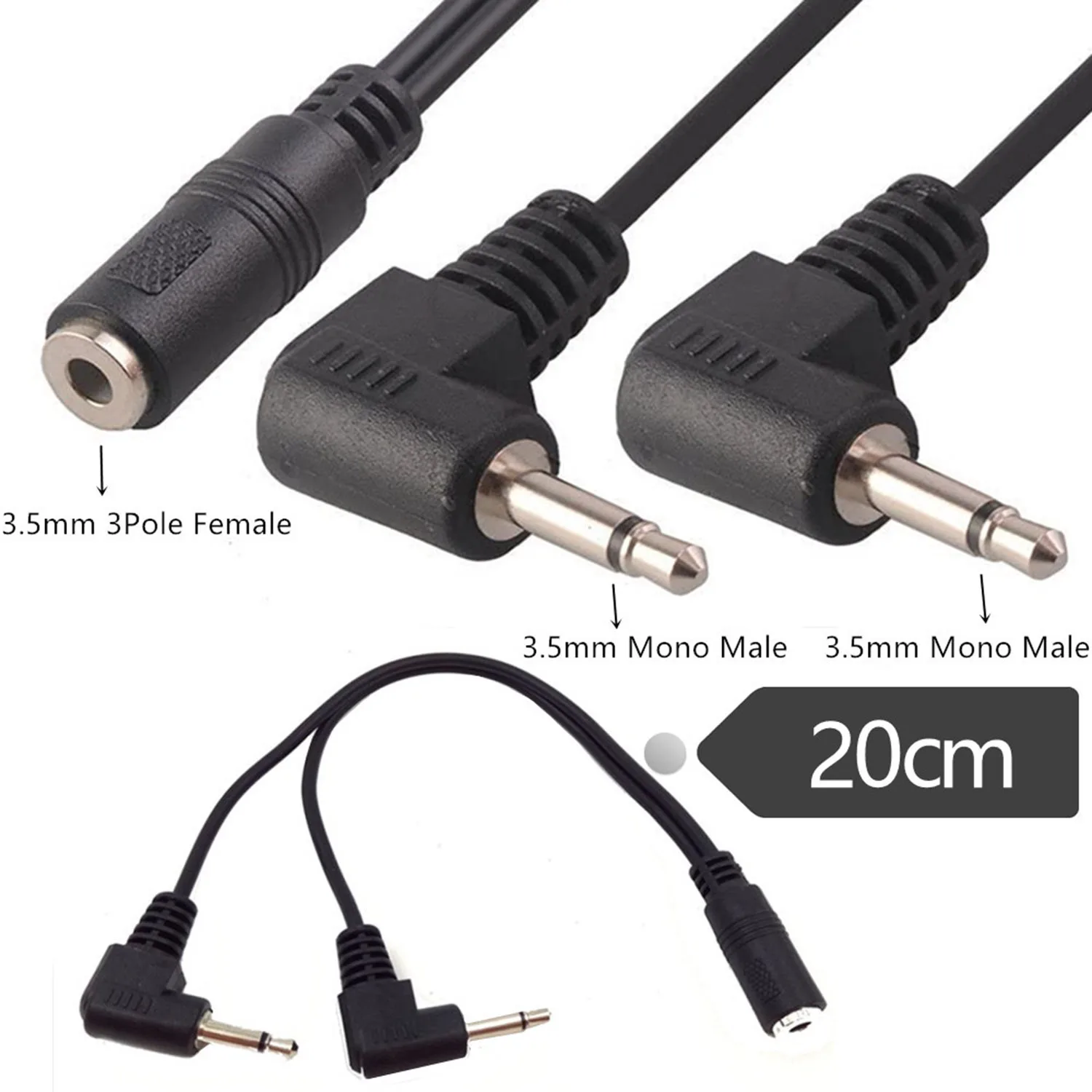 1pc 3.5mm 1/8" Female Stereo TRS Jack to Dual 2 3.5mm Male Plug Mono TS Right Angle 90 Degree Y Splitter Adapter Connector Cable