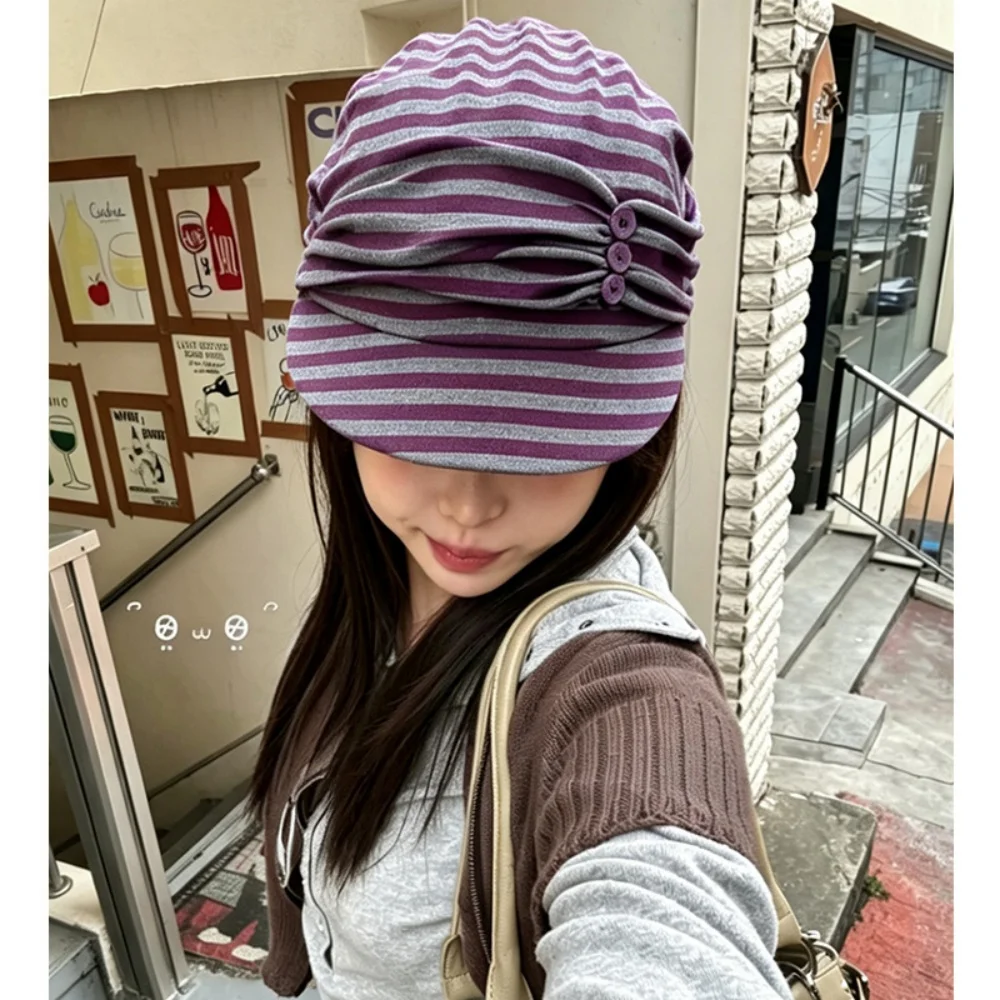 Vintage Stripe Pleated Newsboy Hat Women Soft Fabric Back Tie Long Tail Peaked Cap Casual Y2K Streetwear Ladies Fashion Hat