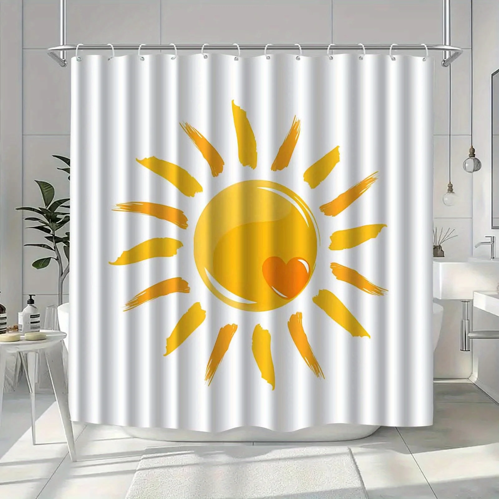 

Modern minimalist sun and heart pattern shower curtain, made of polyester fabric, machine washable, suitable for bathroom décor.