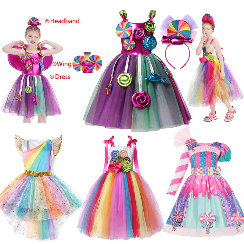 Rainbow Girl Candy Dress With Headband Costume Kids Cosplay Multicolor Tutu Dress For Baby Girls Birthday Patry Children Clothes