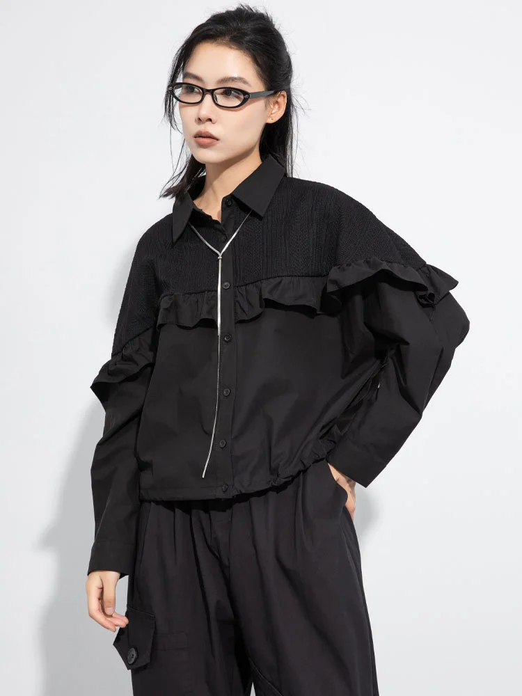 

Woven Ruffles Patchwork Shirt Women Autumn Long Sleeve Loose Fashion Shirts Blouse 2025 Office Lady Casual Tops Streetwear