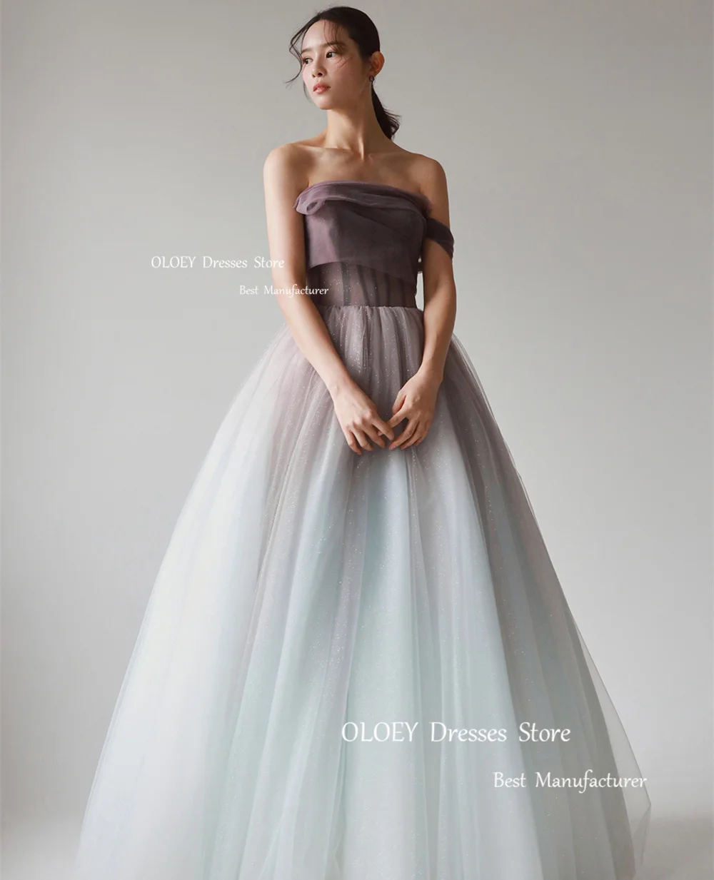 OLOEY Exquisite A-Line Korea Evening Dresses Shiny Organza Corset One-Shoulder Wedding Party Dress Photoshoot Floor Length