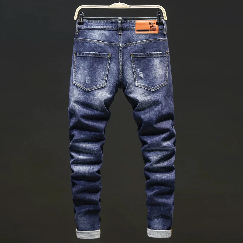 Men Deep‑Blue Horizontal Whisker Shiny Wash No‑Rip Stretch Skinny Denim Jeans Hip‑Hop Streetwear Denim Jeansy2k