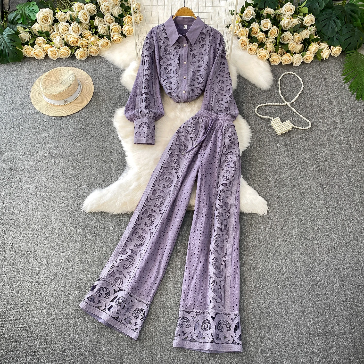 

French Women Lace Matching Sets Lapel Lantern Sleeve Shirt Hollowed Out Pants Two-piece Set Fashion High Street Autumn Suit