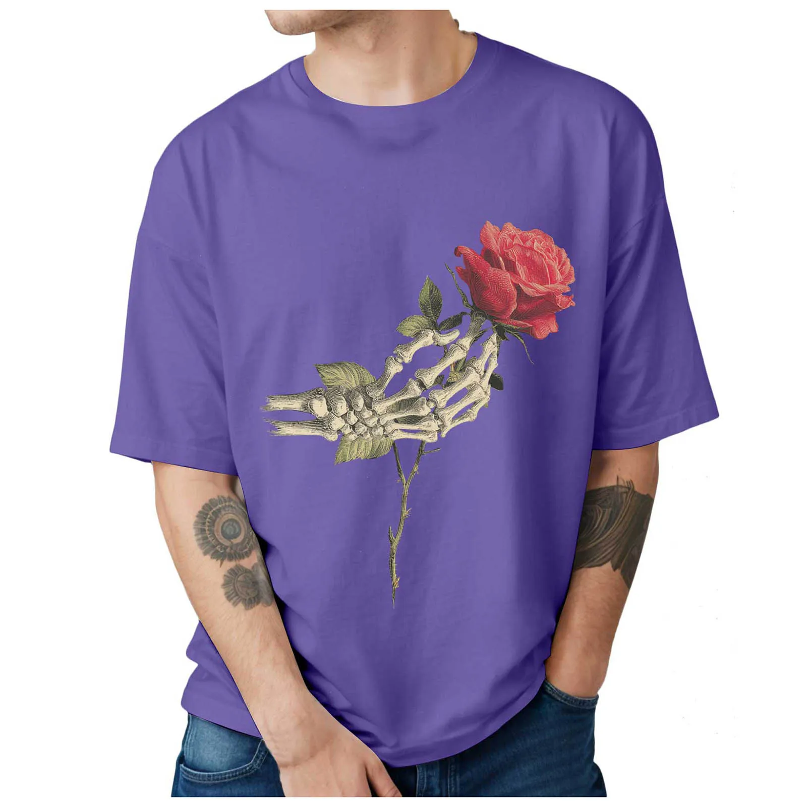 تي شيرت رجالي هالوين الهيكل العظمي اليد الوردي كم قصير قطرة الكتف الجولة الرقبة تي شيرت حجم كبير بلايز حمالة #3