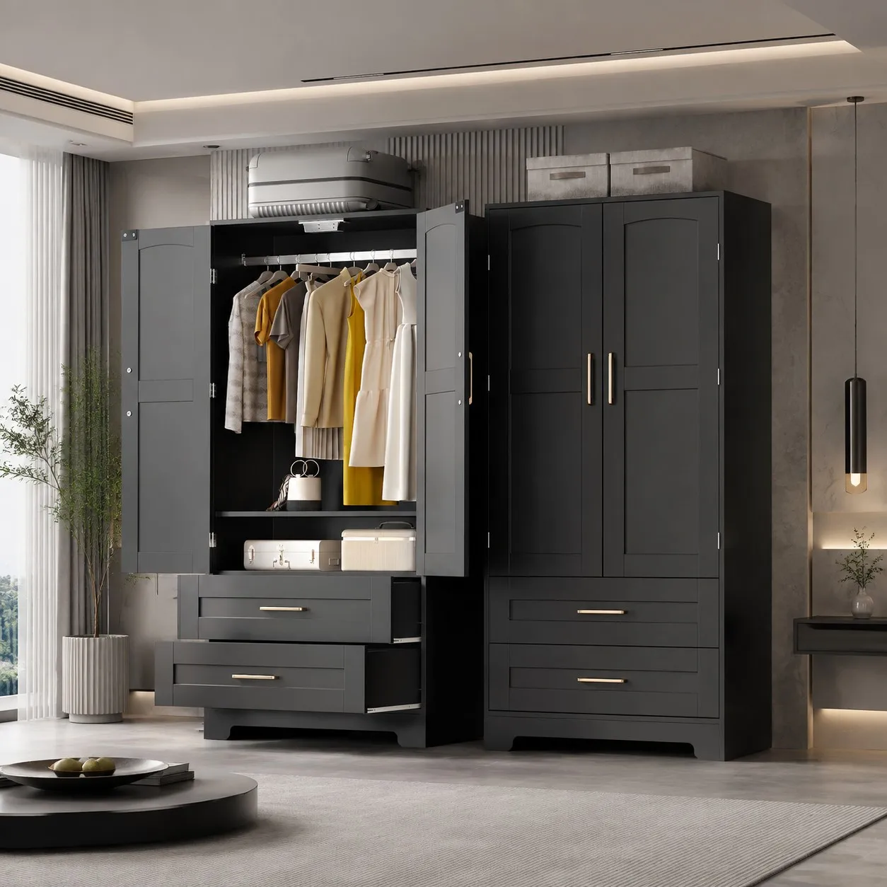 Wardrobe Cabinet Wooden Armoire Wardrobe Closet with Golden Handle,2 Drawers, Bedroom Armoires with Door and Shelves