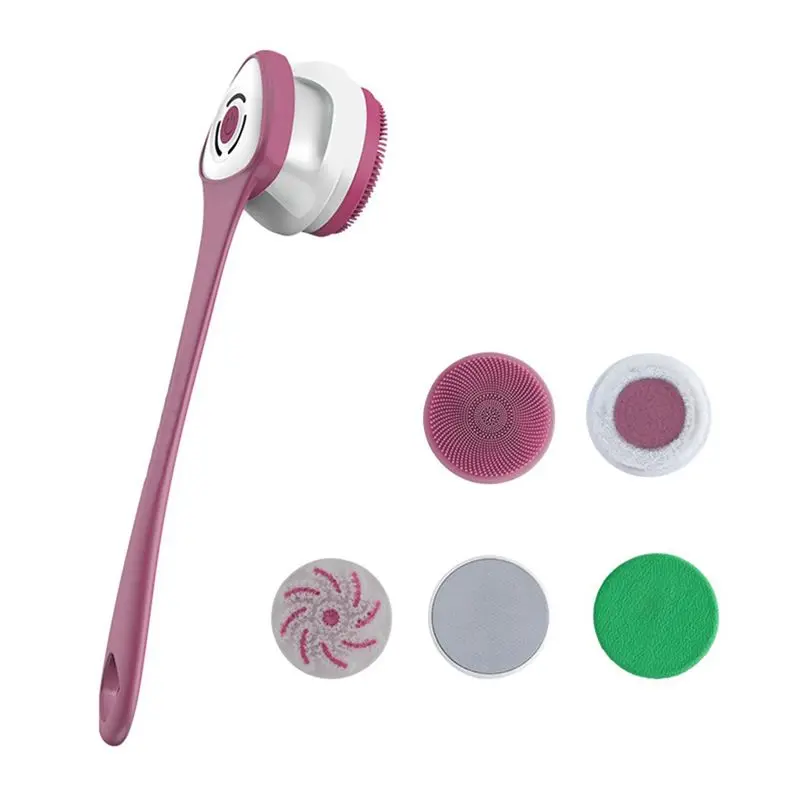5-In-1 Rechargeable Electric Shower Brush Set - Long Handle Silicone Back Scrubber For Bath, Body Cleaning & Massage-A77G