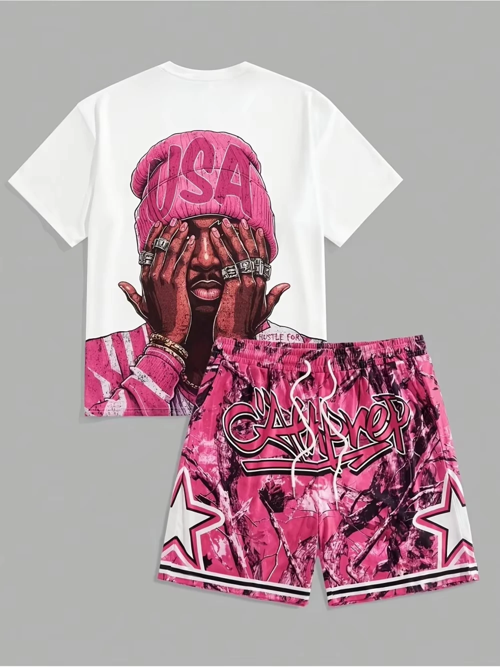 Men's Summer New USA Letter Pattern 3d Printed Comfortable Breathable Round Neck T-shirt Shorts Set Outdoor Street Wear Tops view 4