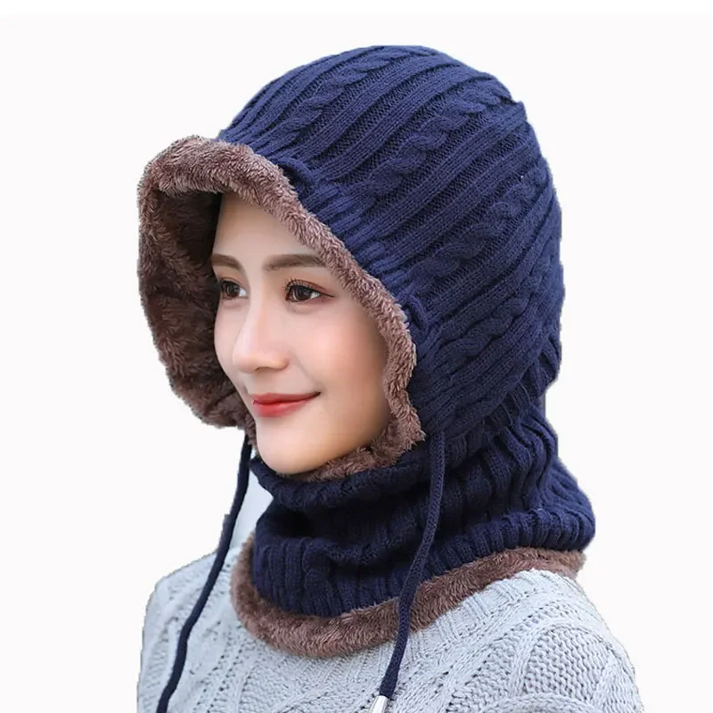 Adult Winter Hat And Scarf Set For Women Men Hooded Cap Scarves Adjustable Knitted Beanies Skullies Bonnet Mask Neck Warm Sets