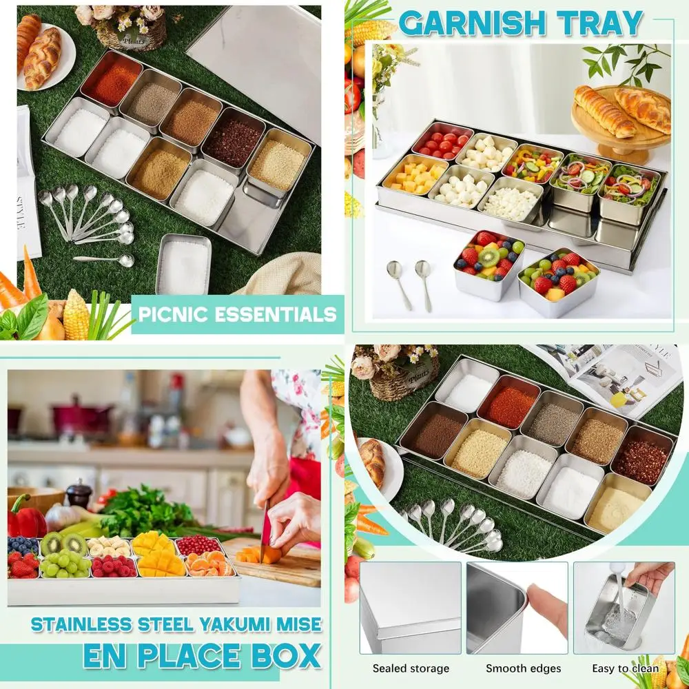 Sartén Yakumi de acero inoxidable de 10 compartimentos con tapas y cucharas para almacenamiento de condimentos, condimentos y mini salsas