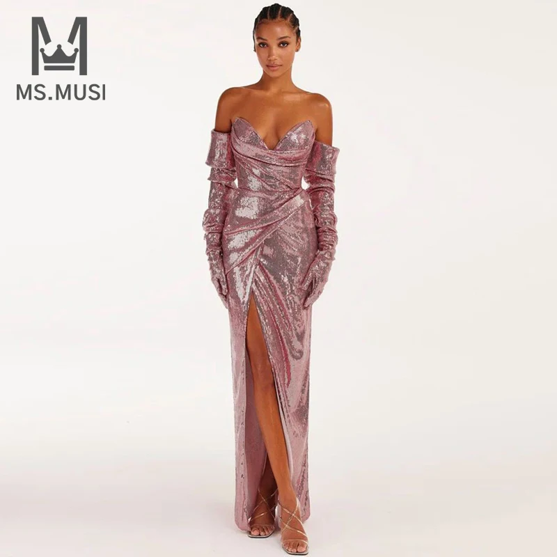 MSMUSI 2024 Neue Mode Designer Frauen Sexy Liebsten Pailletten Spitze Up Drapierte Ärmel Bodycon Party Club Schlitz Maxi Kleid Kleid