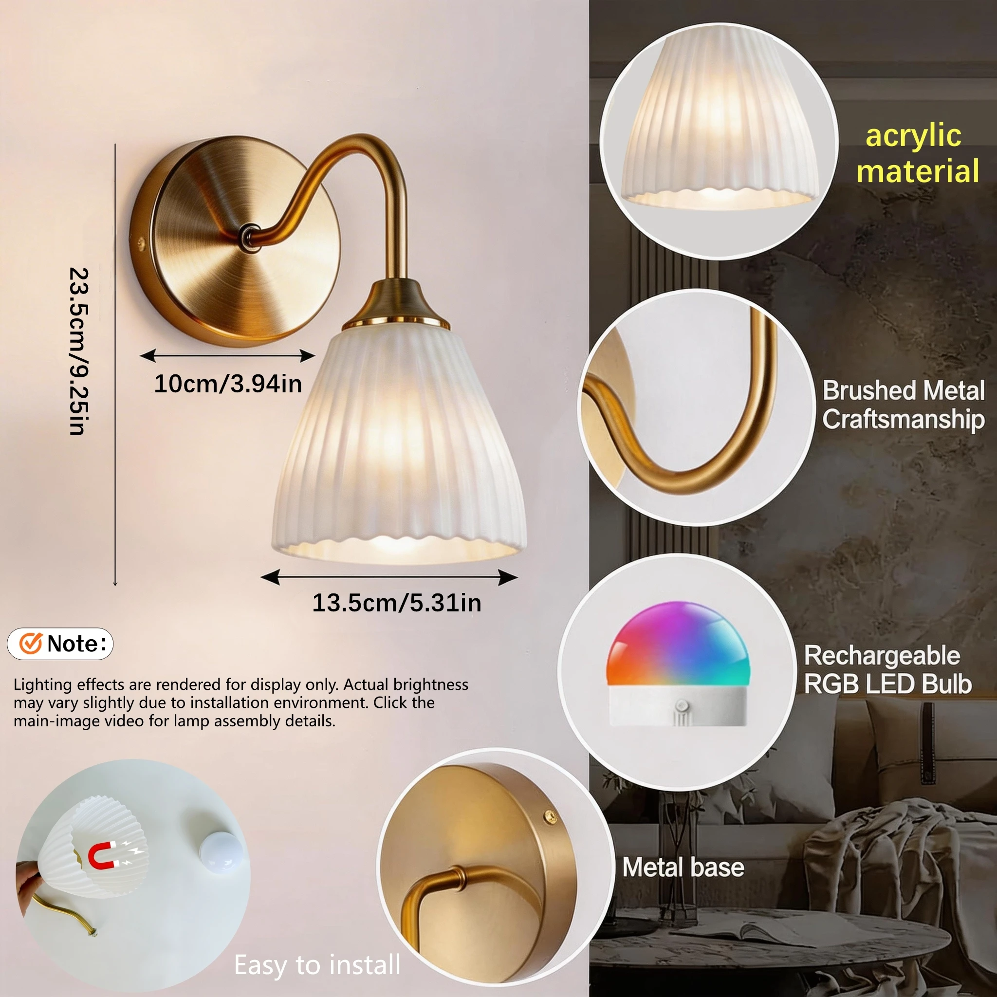 2 Pieces/1 Piece Battery-Powered Wall Light, No Wiring Required, Rechargeable and Dimmable, Equipped with Rgb Bulbs and Remote Control, Brushed Gold Body Paired with White Minimalist Acrylic Lampshade, Can Enhance the Overall Appearance of Living Rooms, Bedrooms, Hallways, and Entryways.