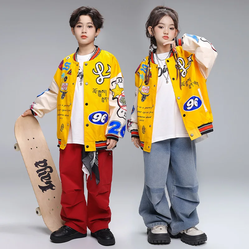 Kid Hip Hop Clothing Yellow Print Baseball Jacket Casual Ruched Red Pants Denim Jeans for Girl Boy Jazz Dance Costumes Clothes