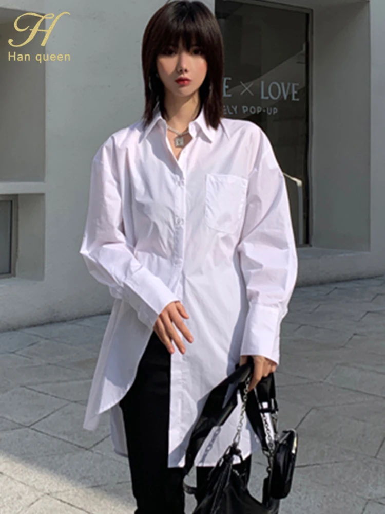 

H Han Queen Women's White Slim Long Sleeve Shirt Chic Blouse Korean Style Trendy Elegant Tops Spring Autumn New Arrivals Blouses
