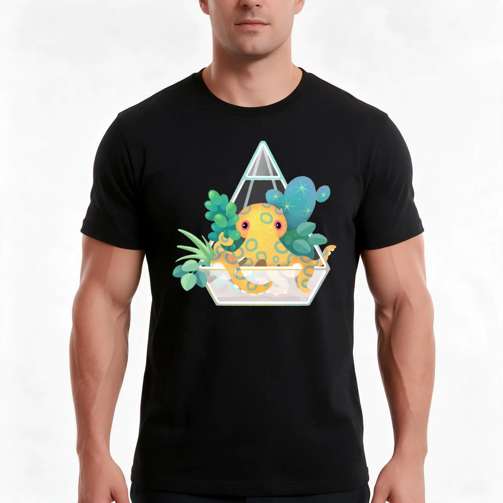 Ocean terrarium - Blue ringed octopus T-Shirt, Summer Casual Cotton Tee, Oversized Streetwear Tops, Vintage Graphic Print