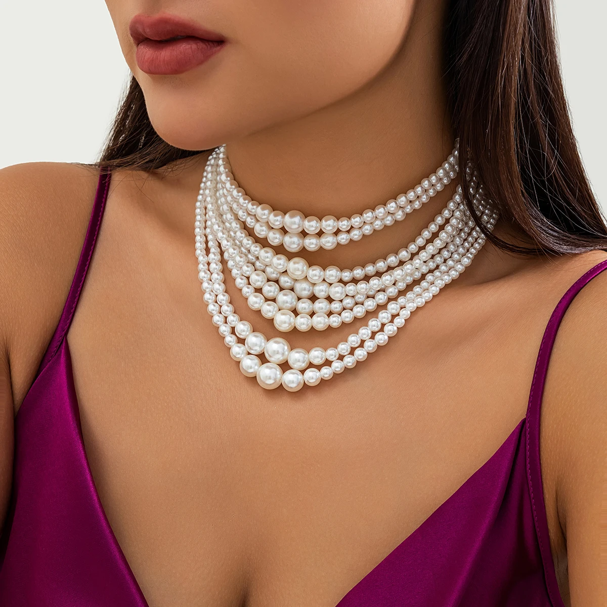 IngeSight.Z Multilayer White Imitation Pearl Choker with Metal Slice Fixation Wide Bib Necklace for Women Bridal Party Jewelry
