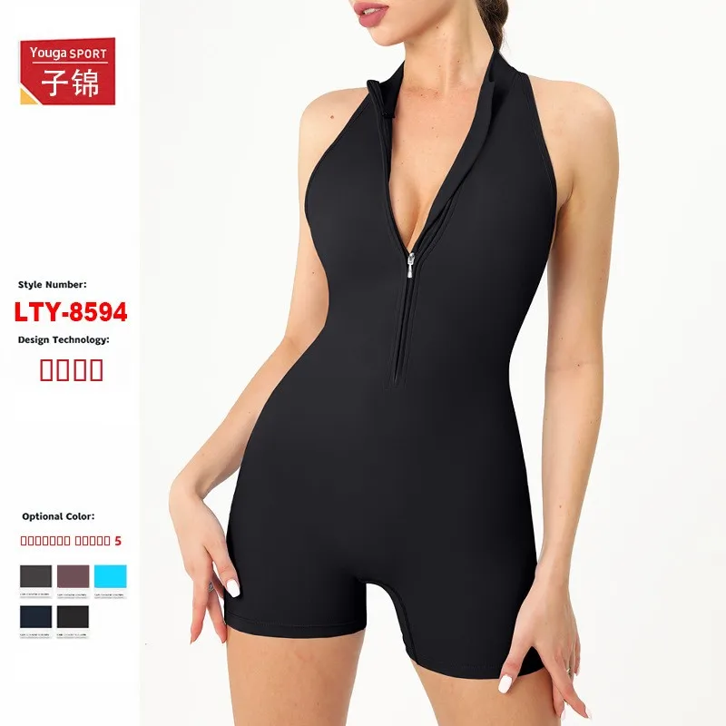 Traje de Yoga de Verano de Alta Intensidad, Ajustado, Enterizo, Levanta Glúteos, con Cierre, Sensación Deportiva, Estilo Cleanfit, Chaleco en Forma de U