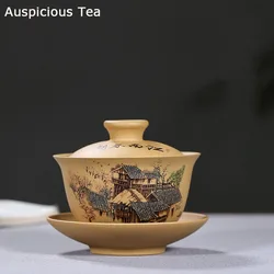 150ml Classic Chinese Raw Ore Old Duan Mud Hand Painted Jiangnan Landscape Purple Clay Sancai Gaiwan Kungfu Tea Bowl Drinkware