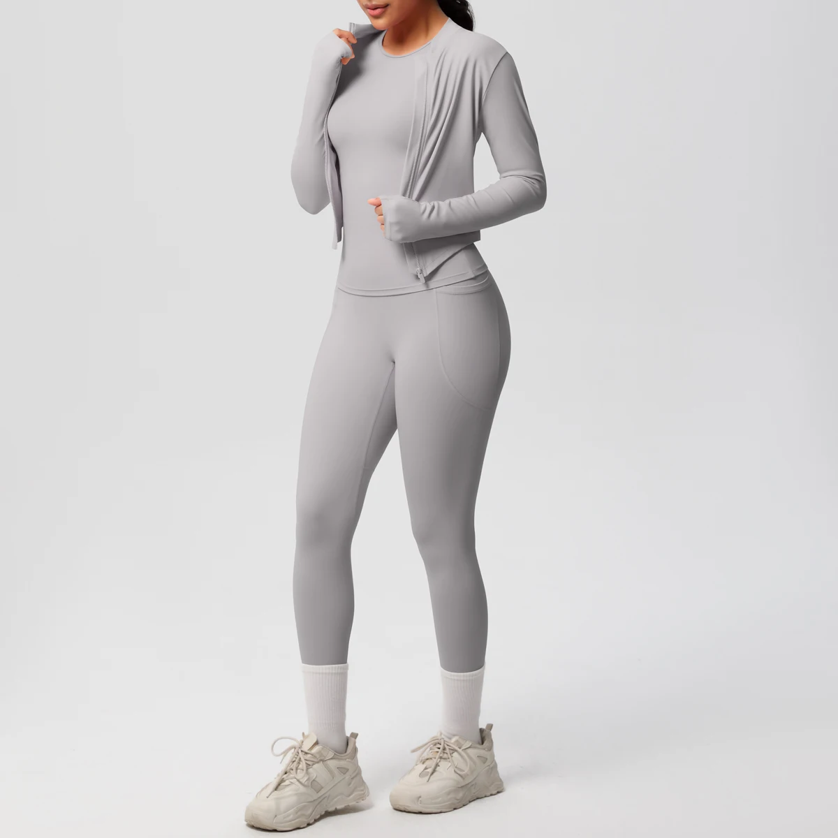 

Solid Color Yoga Clothing Set High Waisted Outdoor Sports Yoga Pants with Pockets Fitness Short Sleeve Zipper Coat Yoga Set