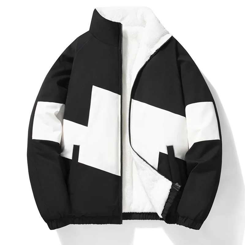 

Winter Men Plush Jacket New Thicken Cold-proof Stand Collar Male Coat Contrast Color Long Sleeve Zipper Loose Man Outerwear