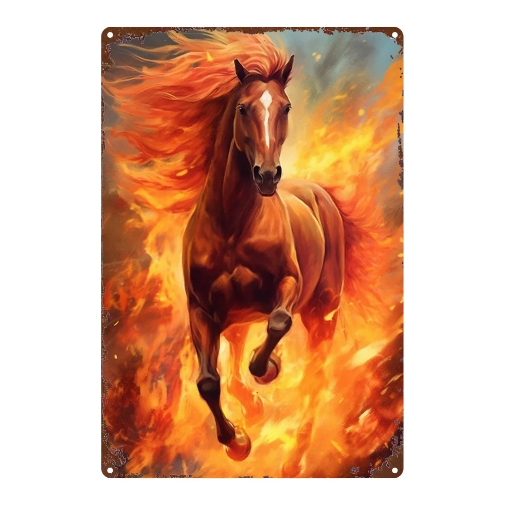 Flame Horse Metal Wall Art Retro Style Vivid Orange Red Pattern 8.0X12.0 Inch Durable Decor for Home Bar Bedroom Dining Room