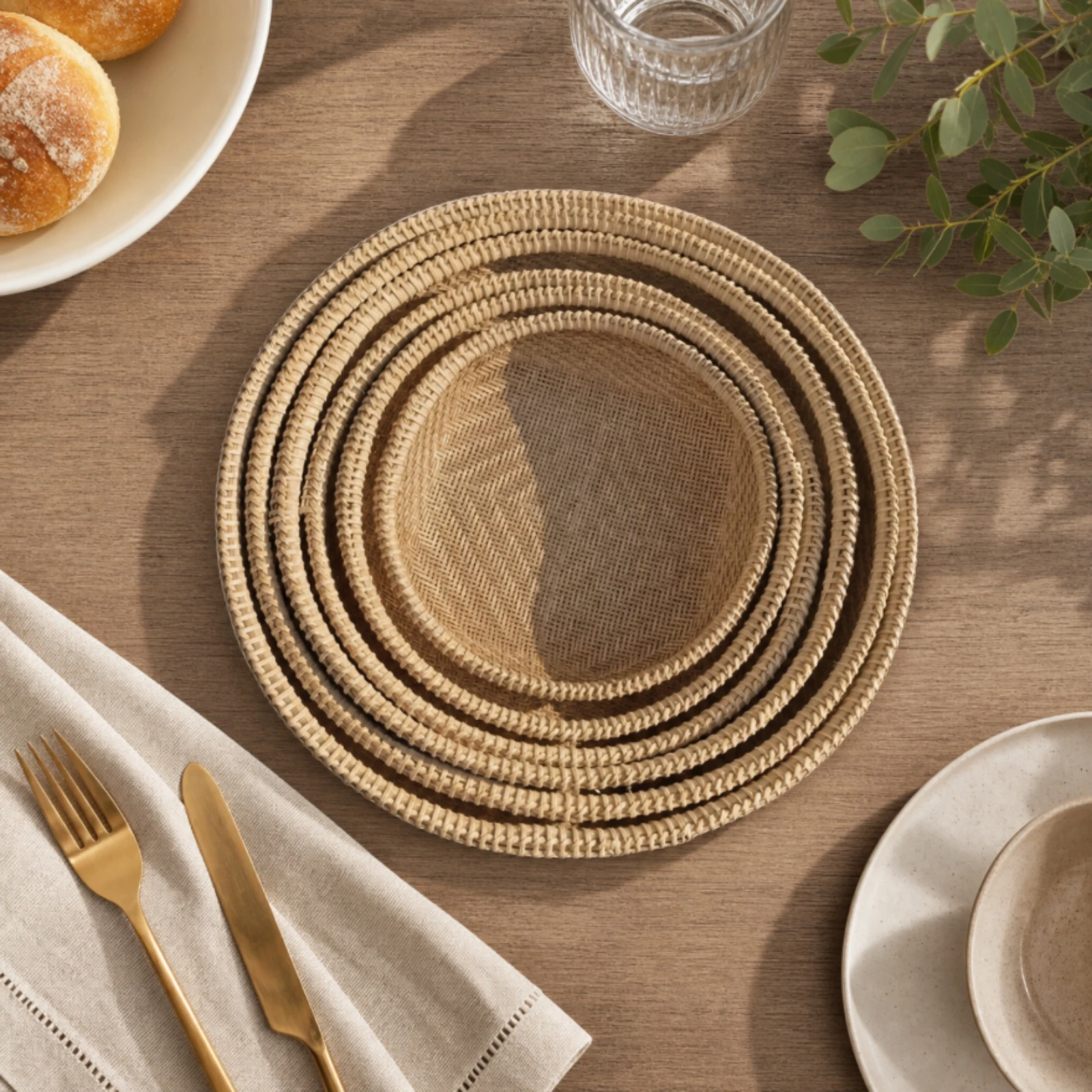 6 Pieces Hand-Woven Bamboo Basket Breathable Shallow Woven Basket with Reinforced Rim Natural Sturdy for Countertop Home Storage
