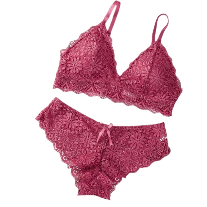 Conjunto de sujetador de encaje para mujer Conjunto de lencería sexy Sujetador de encaje floral Sujetador sin anillo de acero Ropa interior Bragas