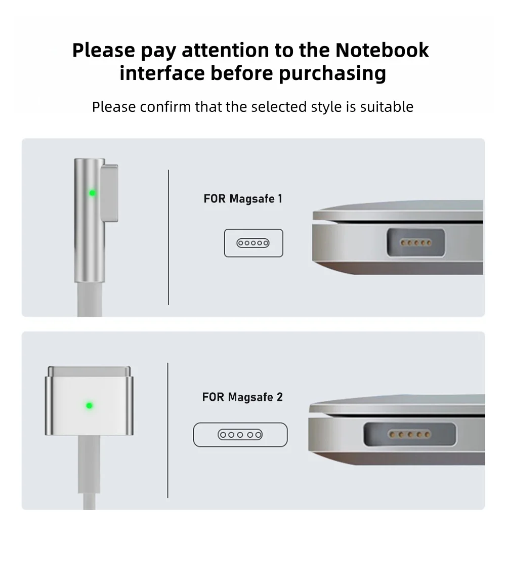 Cable magnético de carga rápida tipo C (USB-C) a Magsafe 1/2, cabezal L / T para MacBook Air/Pro, 45W, 60W, 85W