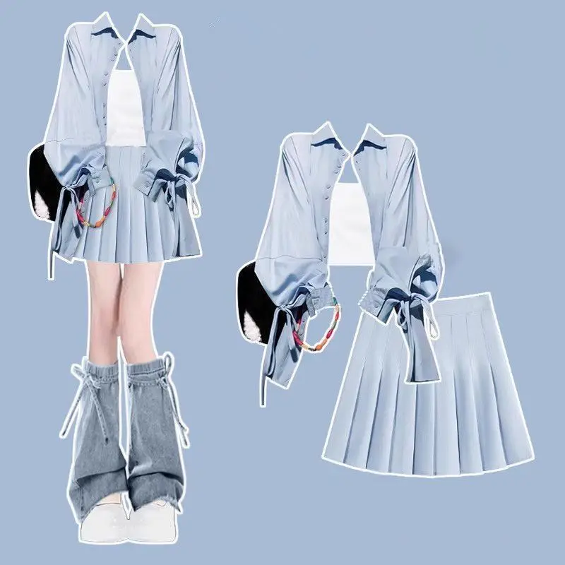 2025 Spring Summer Preppy Style Clothing Matching Sets Women New Loose Bandage Shirts Sling Mini Pleated Skirts 3 Piece Suits