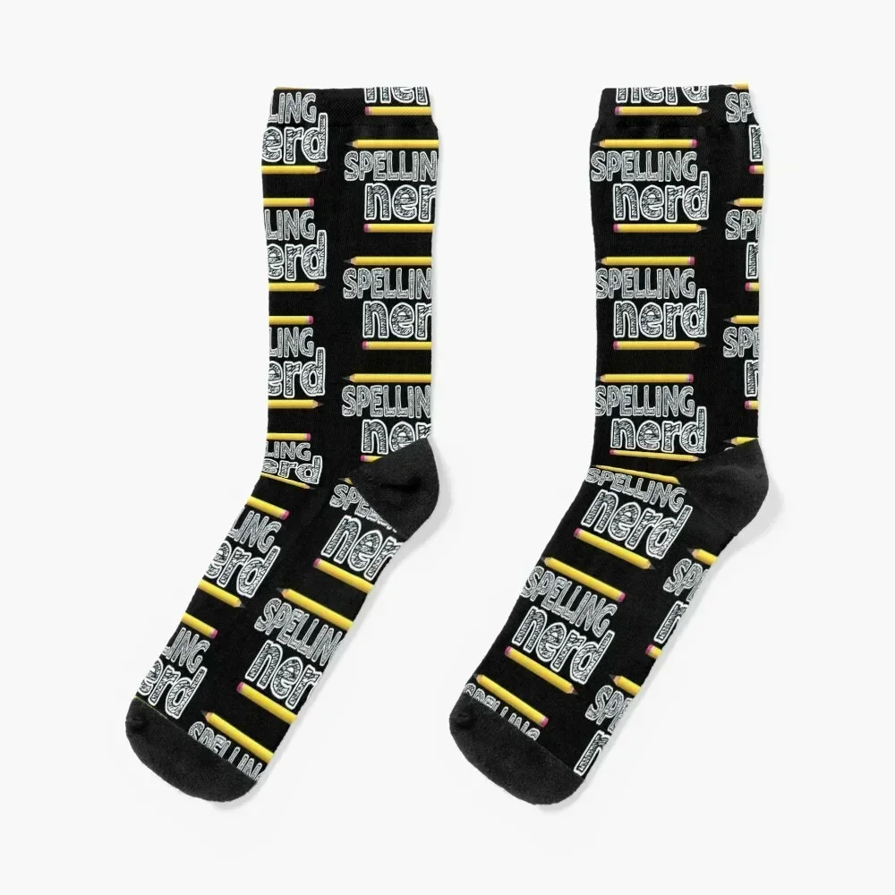 Spelling Nerd. Funny Statement for Proud Proper Spelling Lovers. Yellow Pencils with Black Letters. (Black Background) Socks