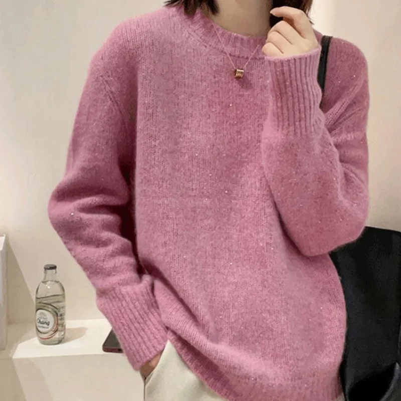 Soft, sticky, fashionable, fully matched round neck long sleeved autumn and winter new sweater jacket