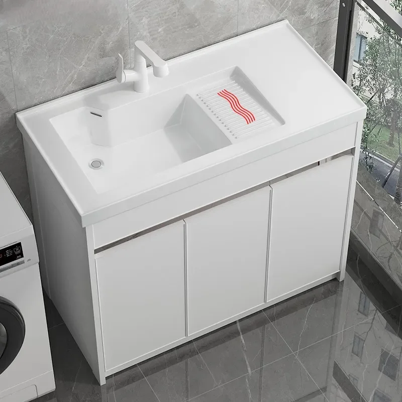 For Balcony Laundry Cabinet Integrated Ceramic Sink Floor to Ceiling Aluminum Storage Unit with Right Washboard Space Saving