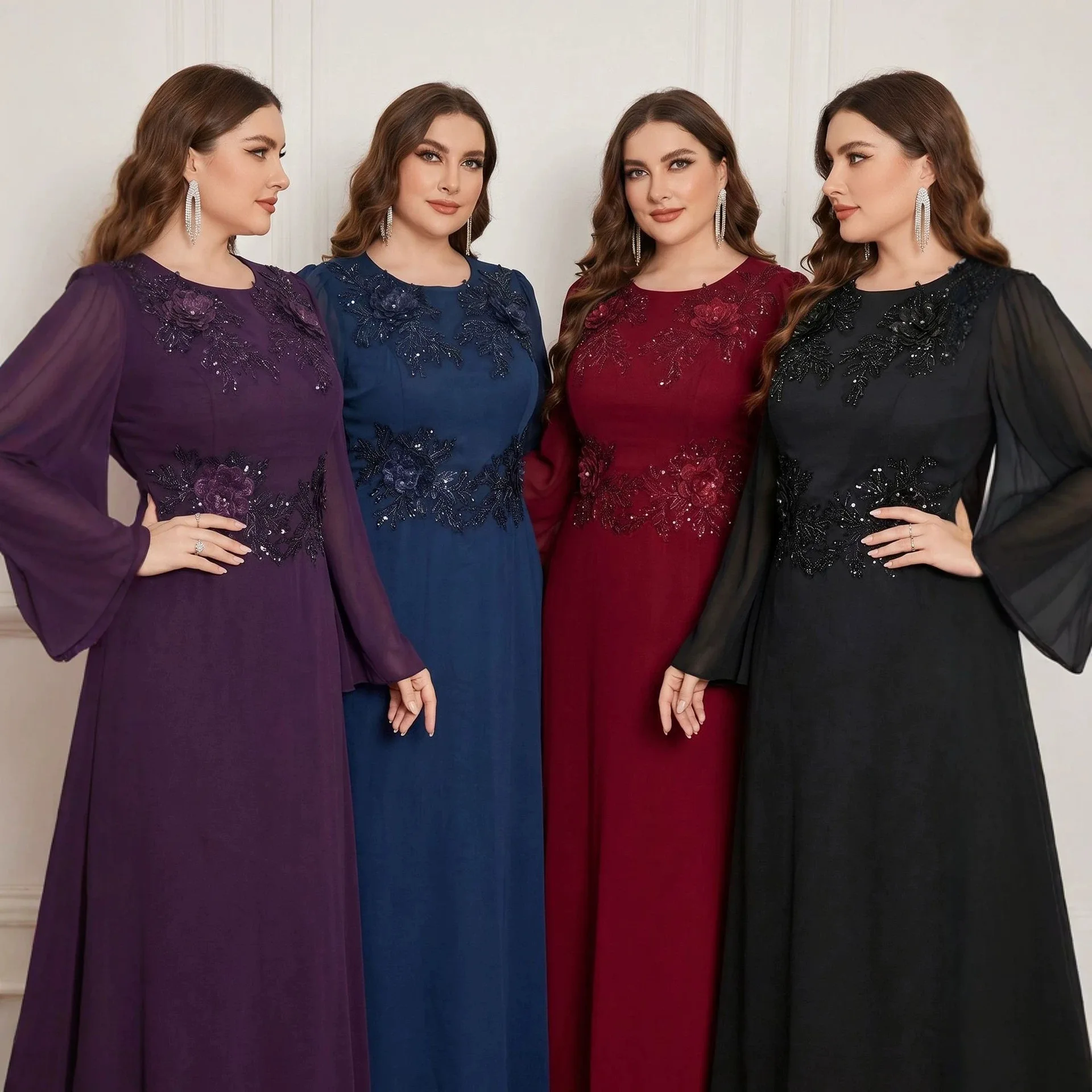 

Plus Size Mother of Bride Chiffon Gown Round Neck 3D Flower Rhinestone Waist Flare Long Sleeve Floor Length Church Wedding
