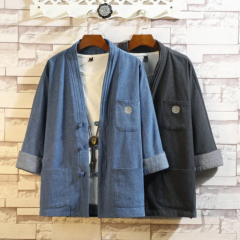 

Men's Summer Thin Seven-Quarter Sve Denim Hanfu Jaet Retro Trendy Large Size Taoist Robe Casual Loose Fit Cotton Blend