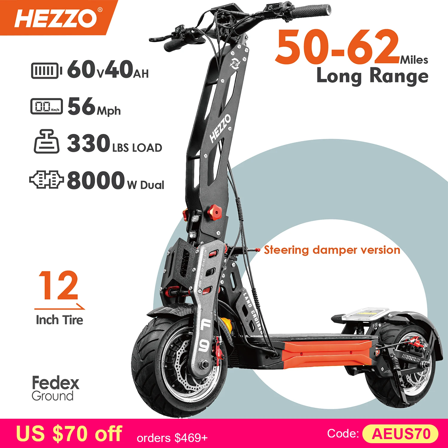 HEZZO 60v 8000w elektrische scooter F9 40ah lithiumbatterij Dubbele motor US Warehouse NFC Off-Road Escooter 12 ''Fat Tire 62.5MPH LCD