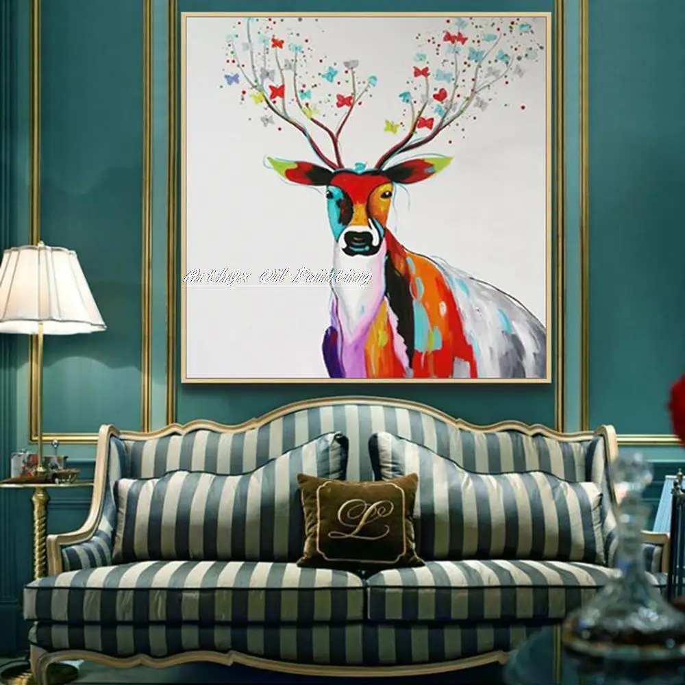 Arthyx Modern Abstract Pop Art Hand Painted Deer Animal Oil Painting On Canvas,Wall Picture For Living Room,Home Decoration Gift