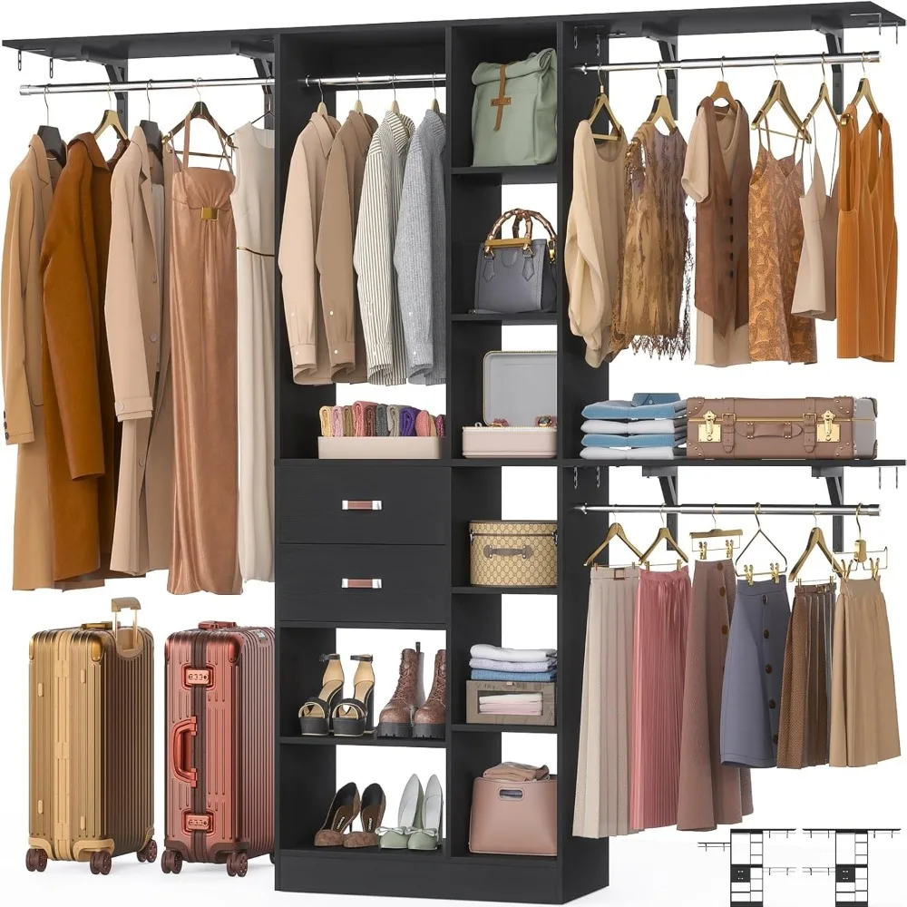 

Upgraded Closet Organizer with 13 Shelves & 2 Wood Drawers, 8FT Walk-in Closet with 4 Hanging Rods & 3 Shelf Towers, Ad