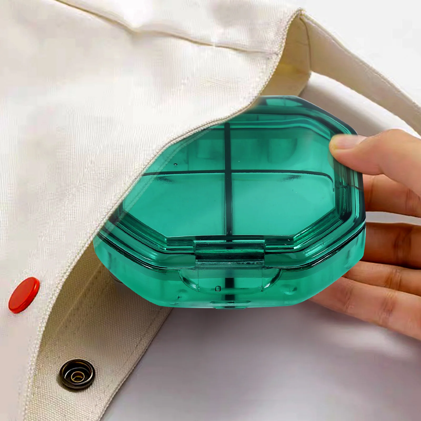 

Portable Pill Box Square 4 Compartments Green Transparent Design Daily Organizer Travel Medication Storage Household Use Compact