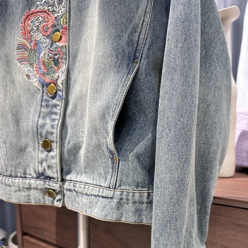 Embroidered Graphic Woman Jean Coat Spring Autumn Blue Denim Jacket for Women with Print Korean Outer Luxury Original Outerwear